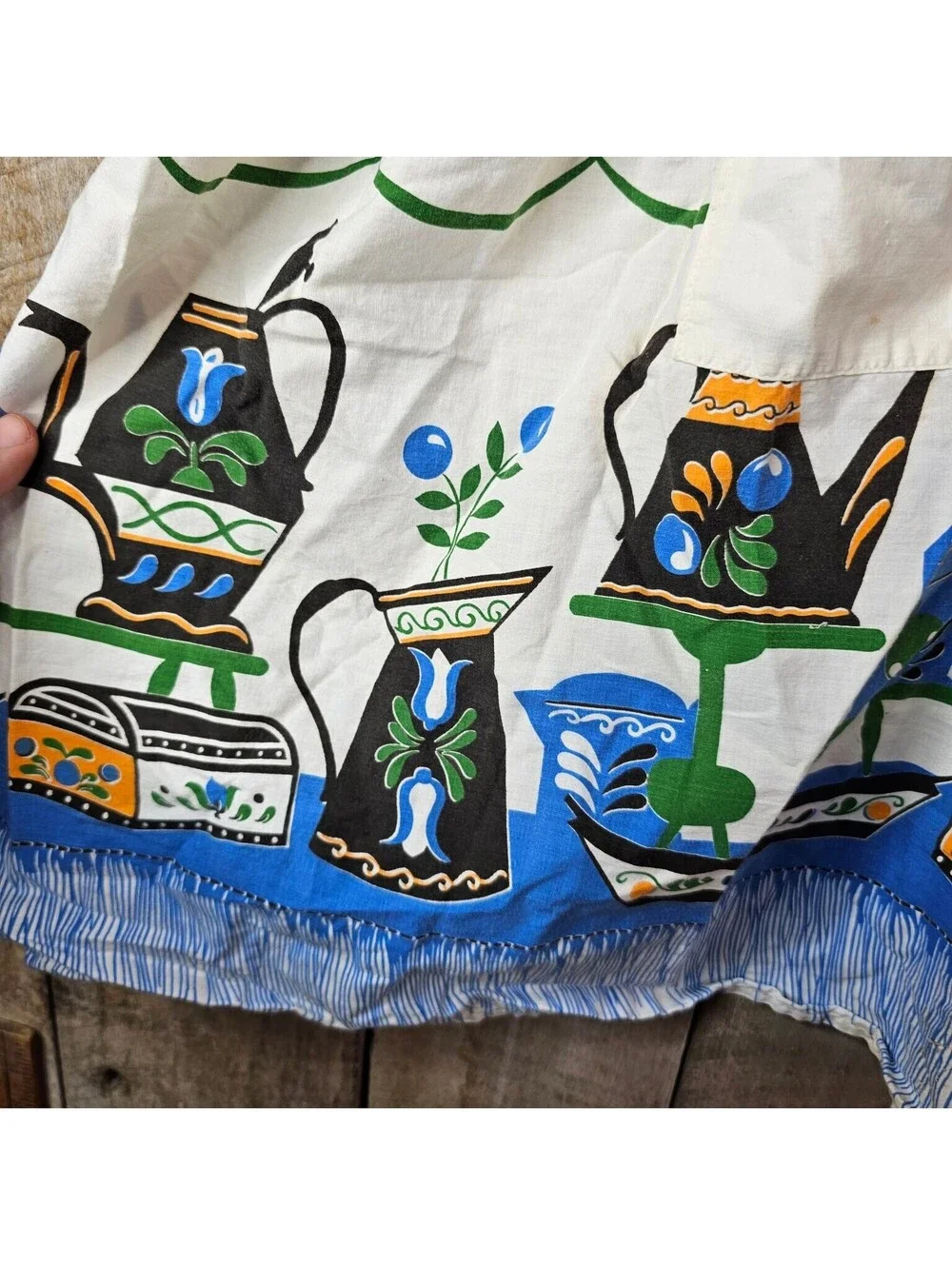 Vintage Half Apron White Kitchen Pot Coffee Tea Kettle Print Retro Tie Waist